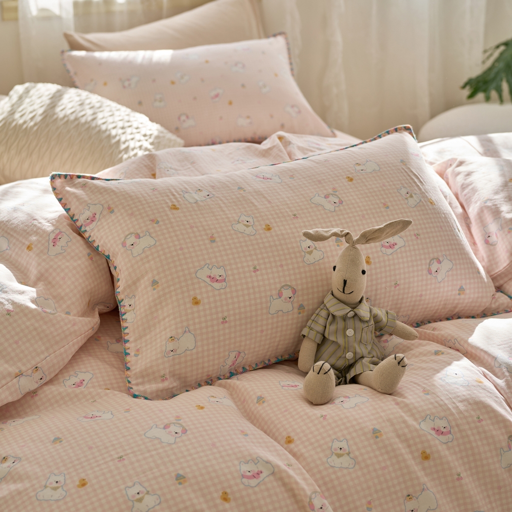 91家纺网 家纺一手货源 找家纺 洋铭区（原狠狠爱） 2025新款A类全棉双层纱四件套 乐乐粉兔