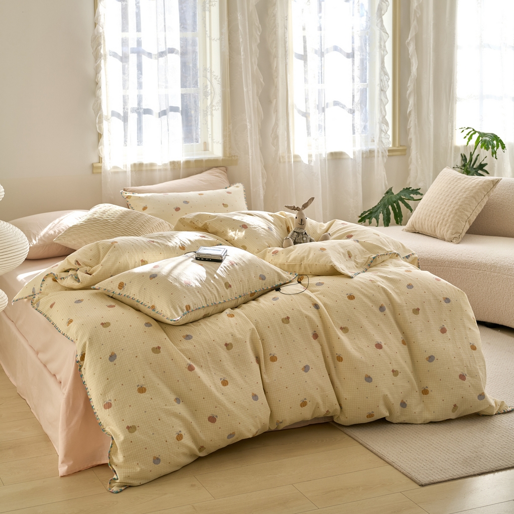 91家纺网 家纺一手货源 找家纺 洋铭区（原狠狠爱） 2025新款A类全棉双层纱四件套 点点南瓜