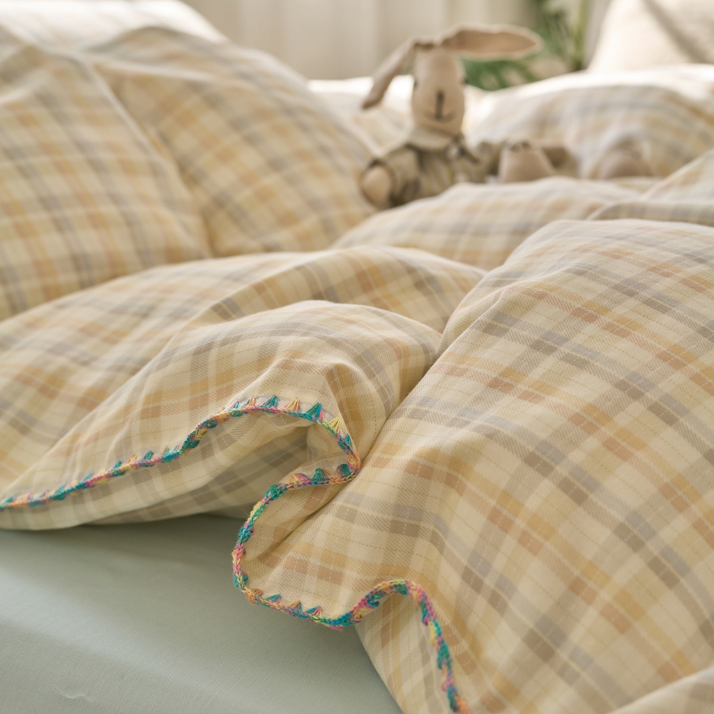 91家纺网 家纺一手货源 找家纺 洋铭区（原狠狠爱） 2025新款A类全棉双层纱四件套 海盐彩格