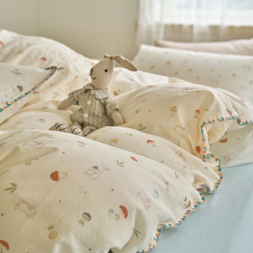 91家纺网 家纺一手货源 找家纺 洋铭区（原狠狠爱） 2025新款A类全棉双层纱四件套 蘑菇兔兔