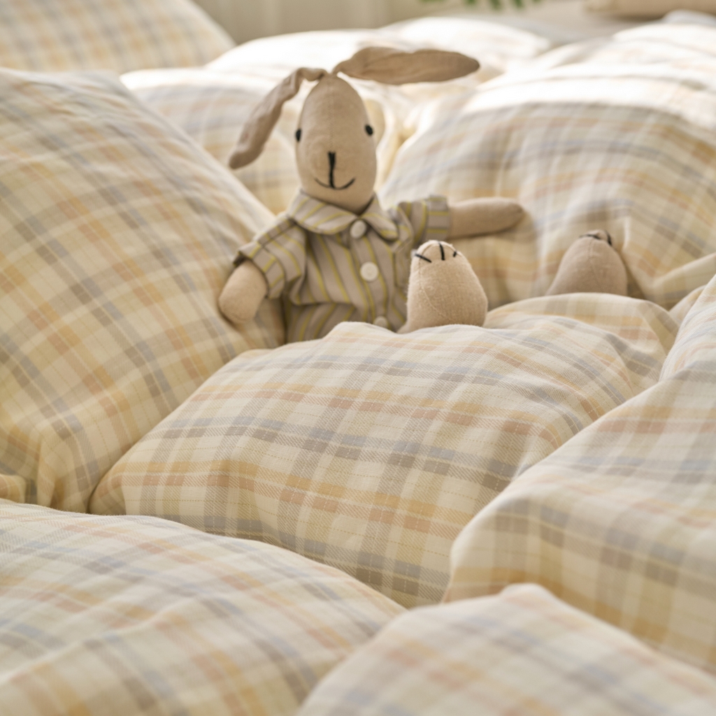 91家纺网 家纺一手货源 找家纺 洋铭区（原狠狠爱） 2025新款A类全棉双层纱四件套 海盐彩格