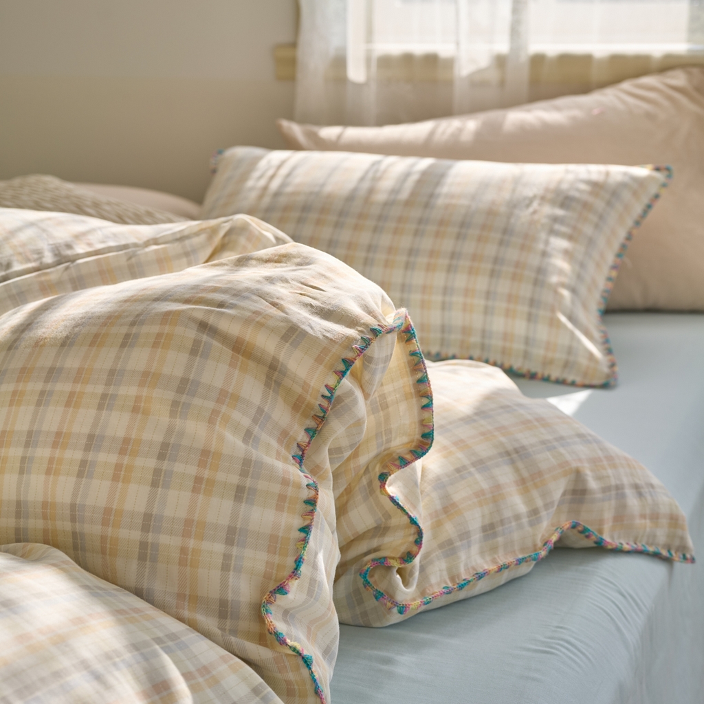 91家纺网 家纺一手货源 找家纺 洋铭区（原狠狠爱） 2025新款A类全棉双层纱四件套 海盐彩格