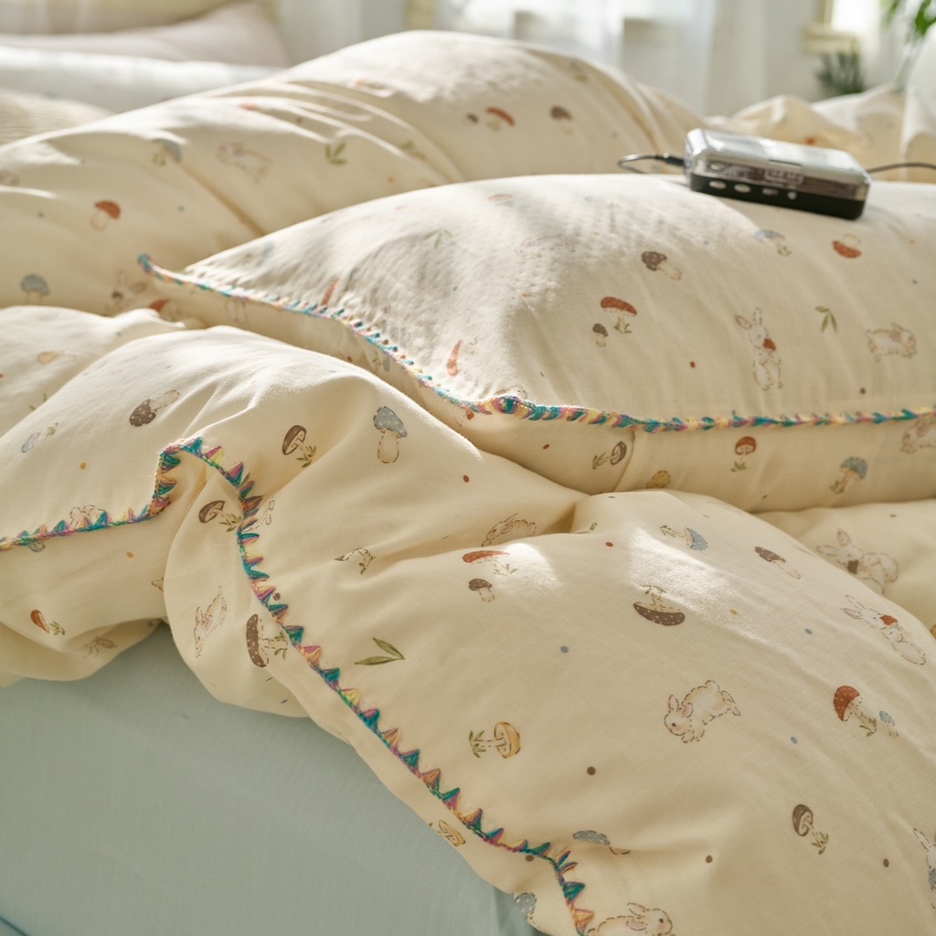 91家纺网 家纺一手货源 找家纺 洋铭区（原狠狠爱） 2025新款A类全棉双层纱四件套 蘑菇兔兔