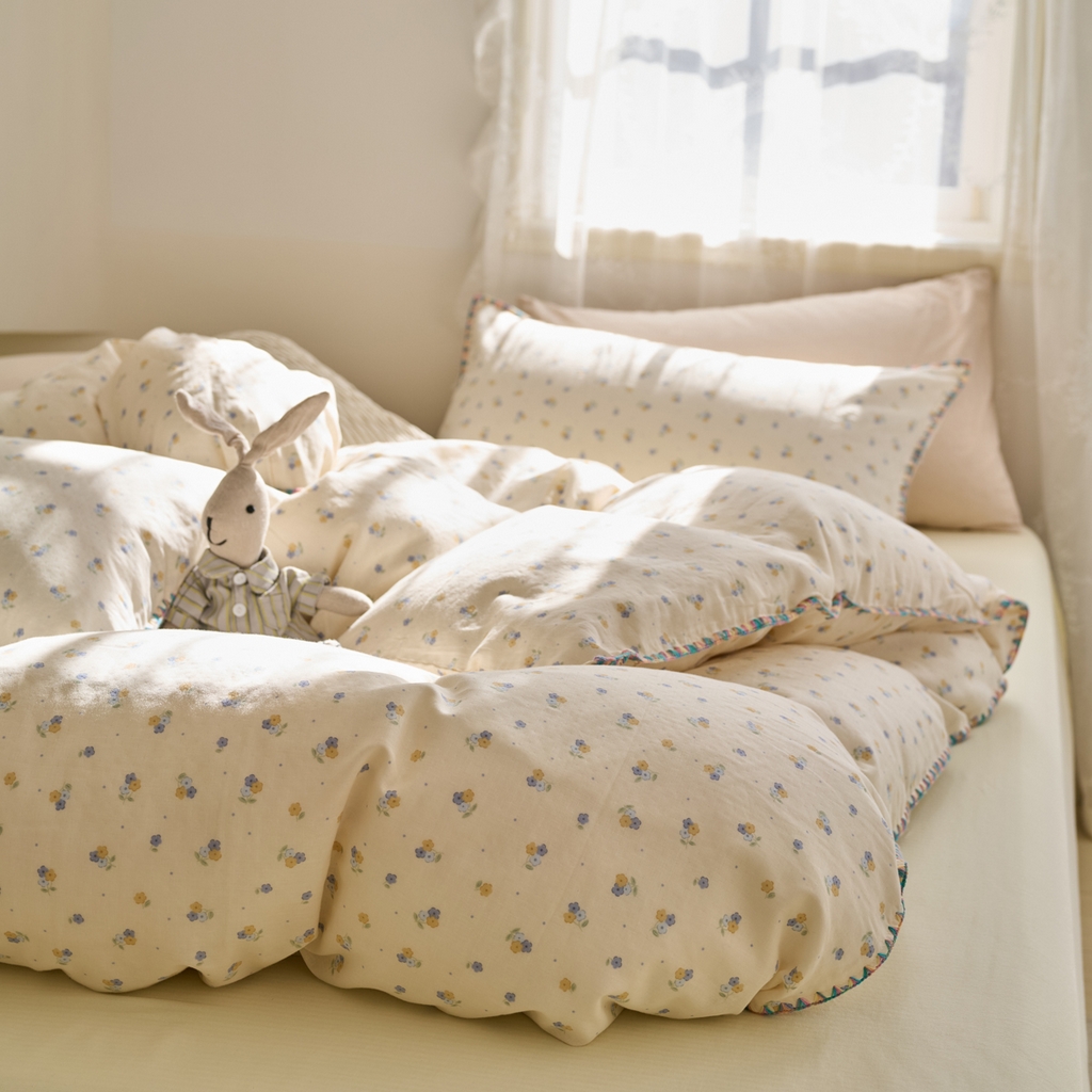 91家纺网 家纺一手货源 找家纺 洋铭区（原狠狠爱） 2025新款A类全棉双层纱四件套 铃兰花语