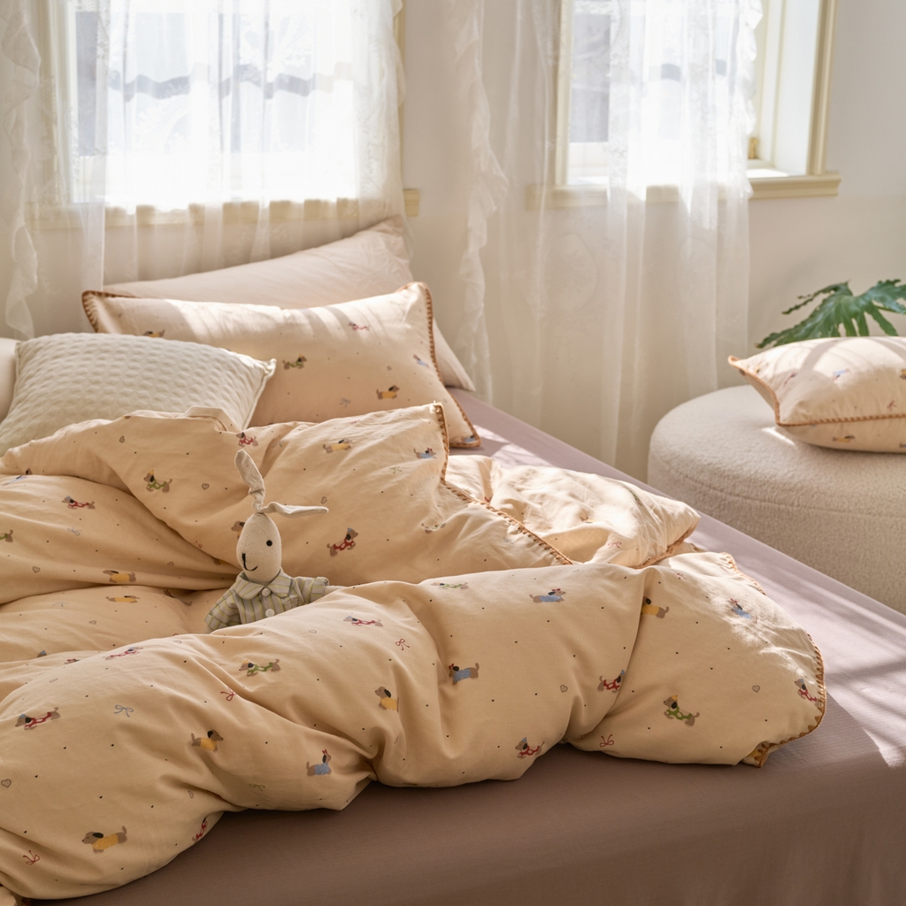 91家纺网 家纺一手货源 找家纺 洋铭区（原狠狠爱） 2025新款A类全棉双层纱四件套 爱心狗狗