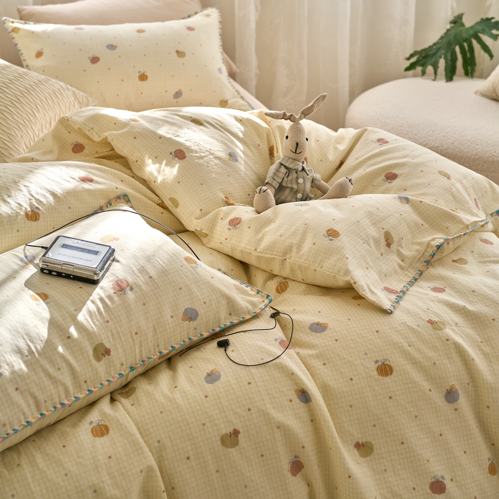 91家纺网 家纺一手货源 找家纺 洋铭区（原狠狠爱） 2025新款A类全棉双层纱四件套 点点南瓜