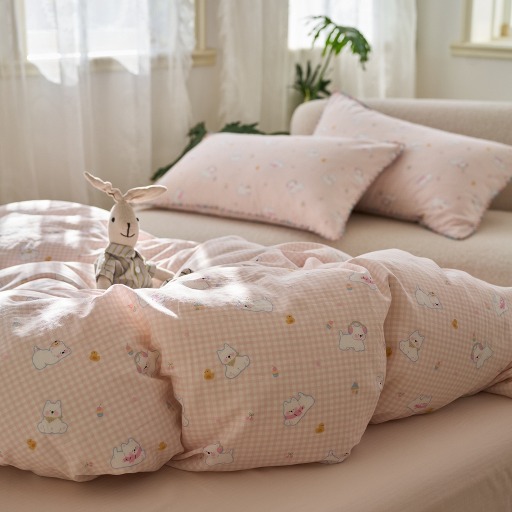 91家纺网 家纺一手货源 找家纺 洋铭区（原狠狠爱） 2025新款A类全棉双层纱四件套 乐乐粉兔