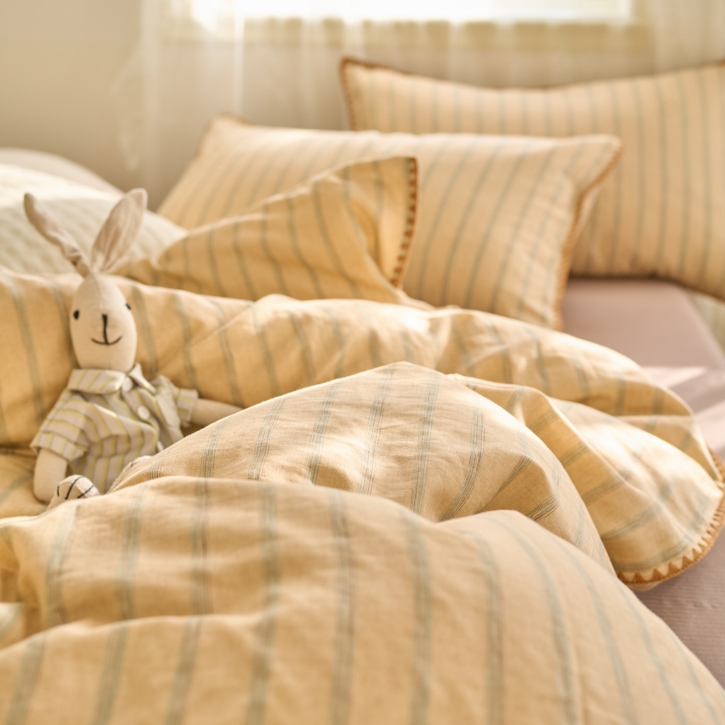 91家纺网 家纺一手货源 找家纺 洋铭区（原狠狠爱） 2025新款A类全棉双层纱四件套 优雅棕条