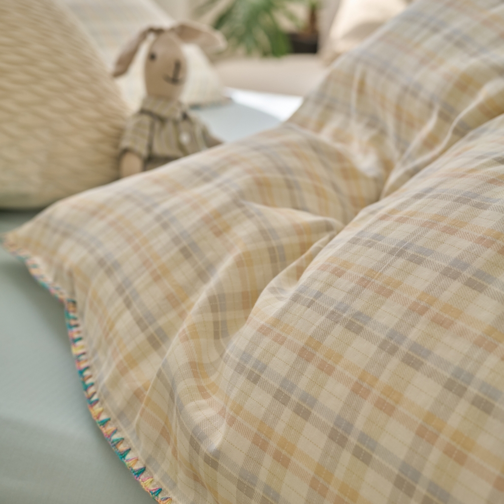 91家纺网 家纺一手货源 找家纺 洋铭区（原狠狠爱） 2025新款A类全棉双层纱四件套 海盐彩格