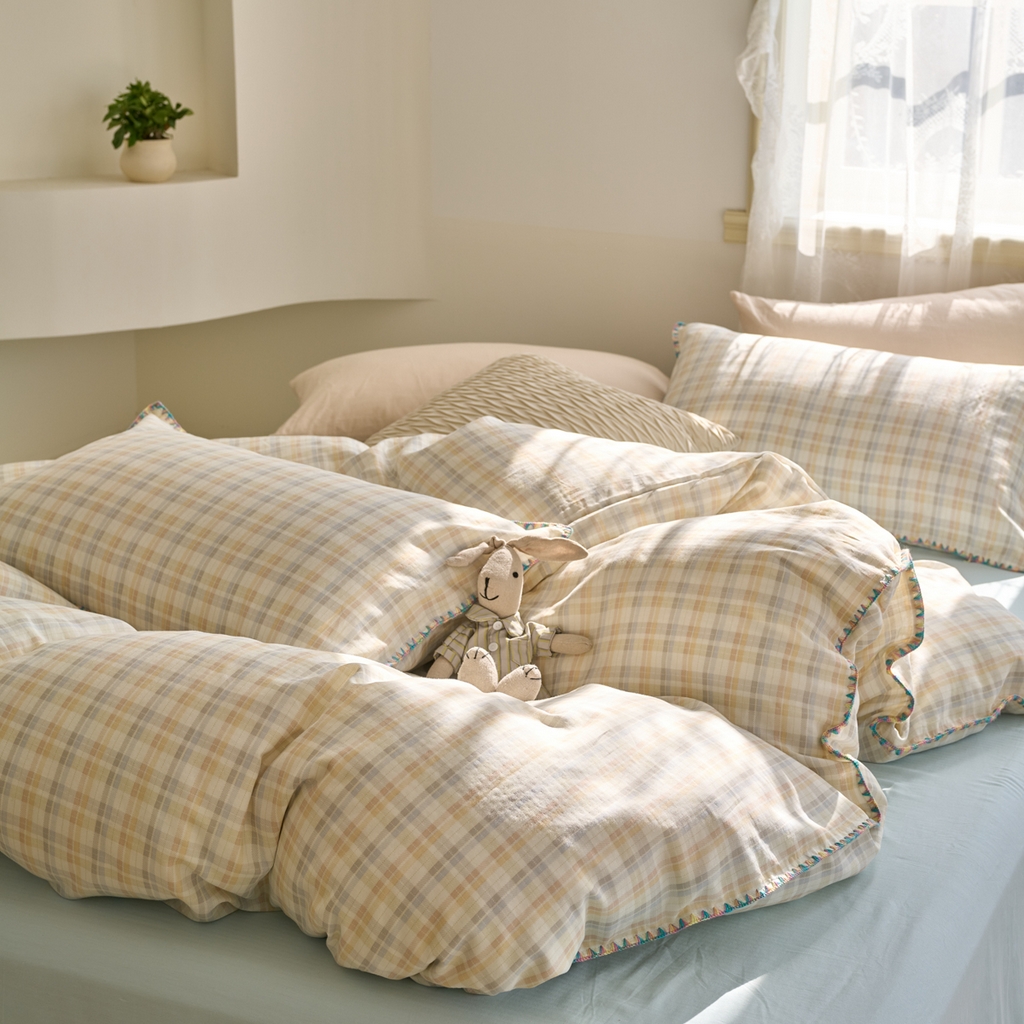 91家纺网 家纺一手货源 找家纺 洋铭区（原狠狠爱） 2025新款A类全棉双层纱四件套 海盐彩格