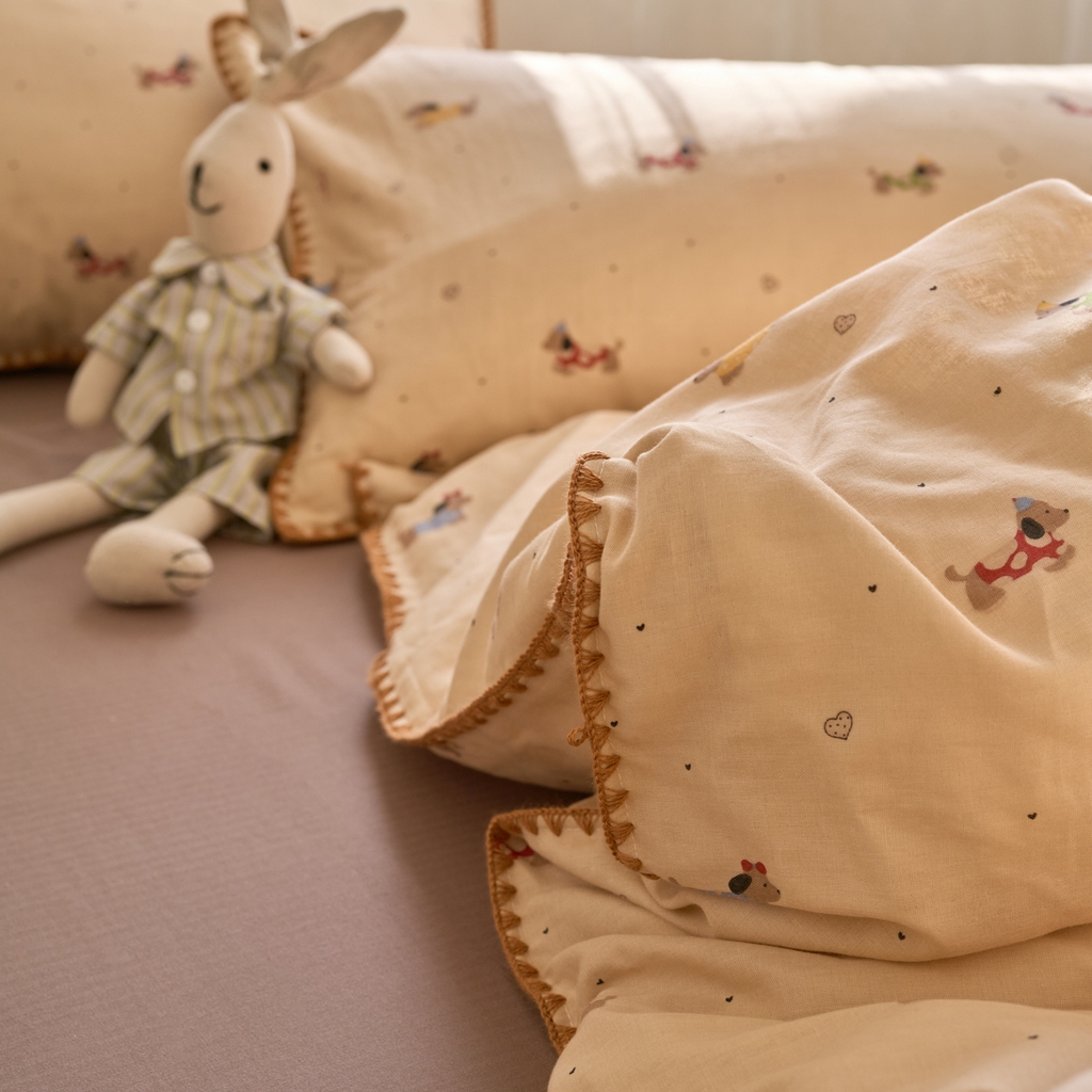 91家纺网 家纺一手货源 找家纺 洋铭区（原狠狠爱） 2025新款A类全棉双层纱四件套 爱心狗狗