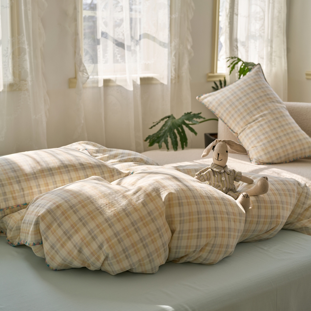 91家纺网 家纺一手货源 找家纺 洋铭区（原狠狠爱） 2025新款A类全棉双层纱四件套 海盐彩格