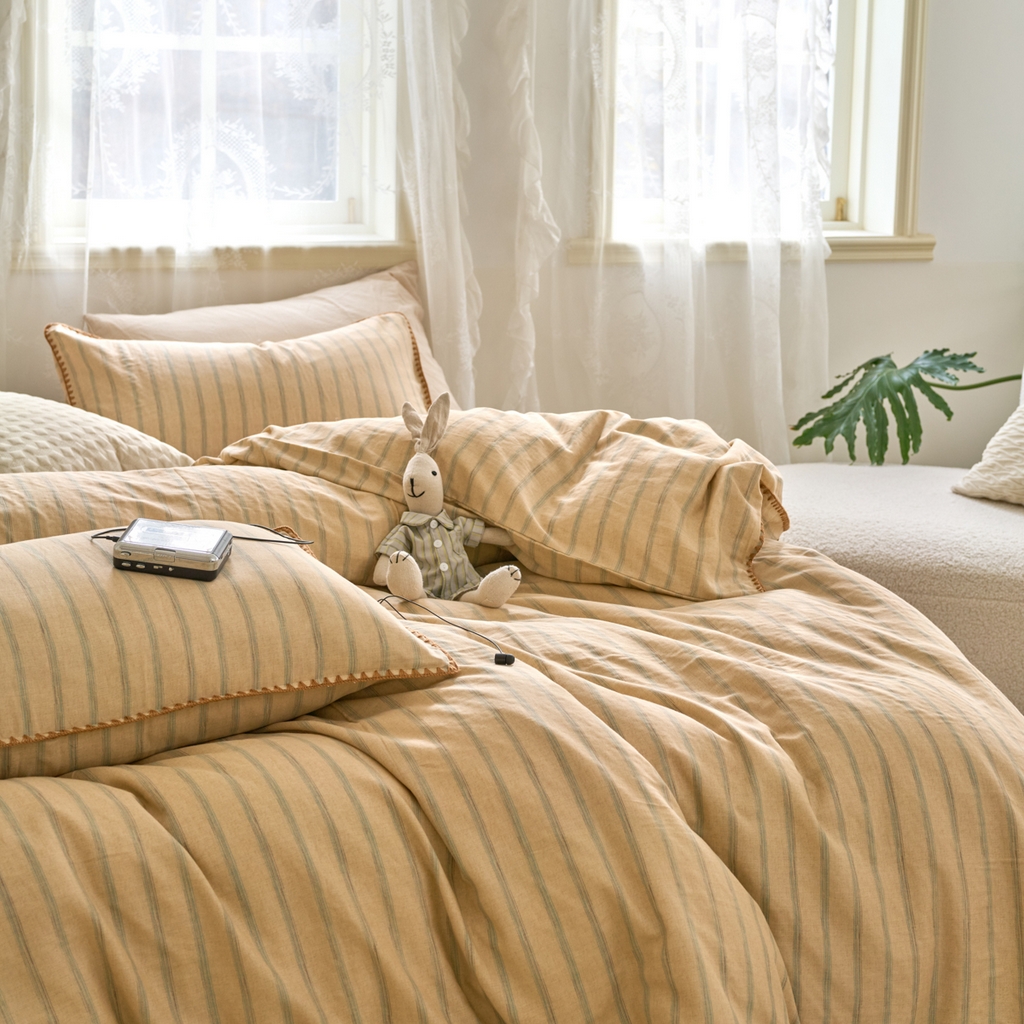 91家纺网 家纺一手货源 找家纺 洋铭区（原狠狠爱） 2025新款A类全棉双层纱四件套 优雅棕条