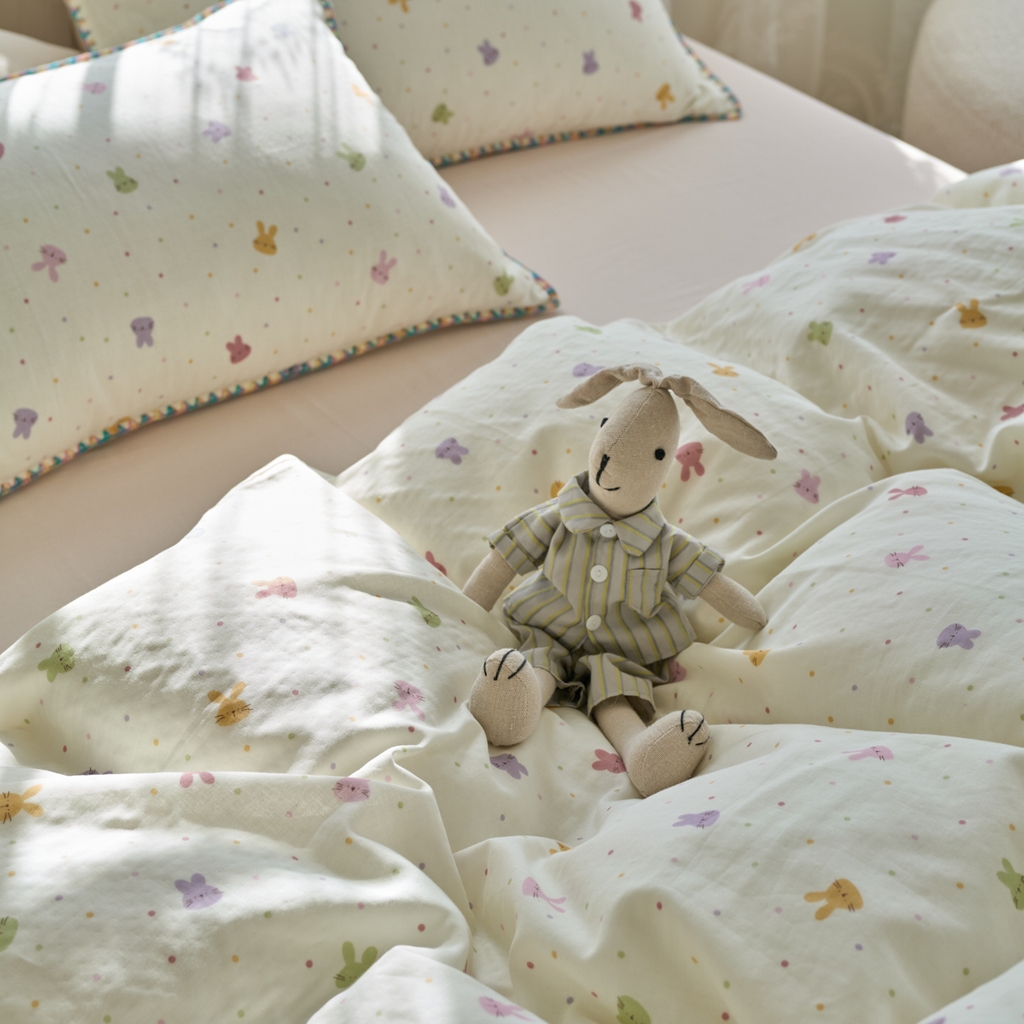 91家纺网 家纺一手货源 找家纺 洋铭区（原狠狠爱） 2025新款A类全棉双层纱四件套 开心兔