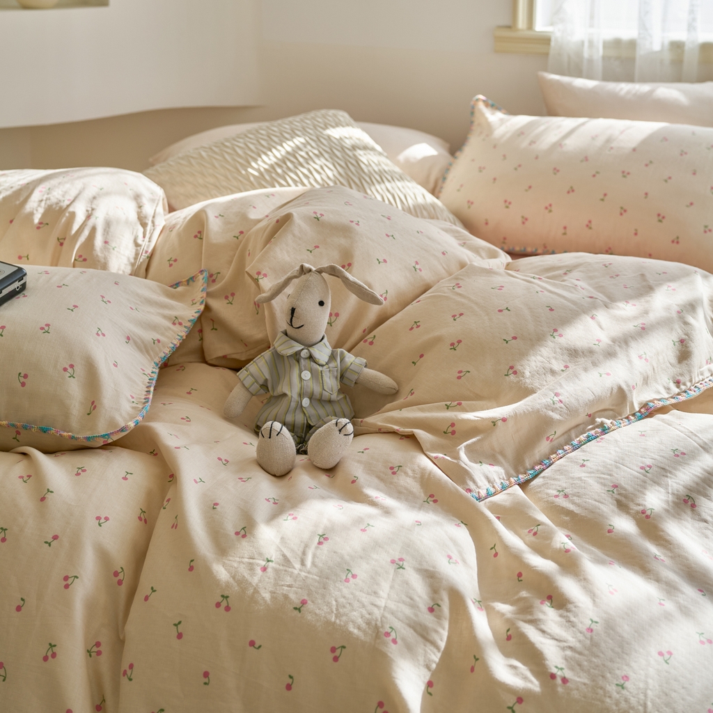 91家纺网 家纺一手货源 找家纺 洋铭区（原狠狠爱） 2025新款A类全棉双层纱四件套 豆豆樱桃