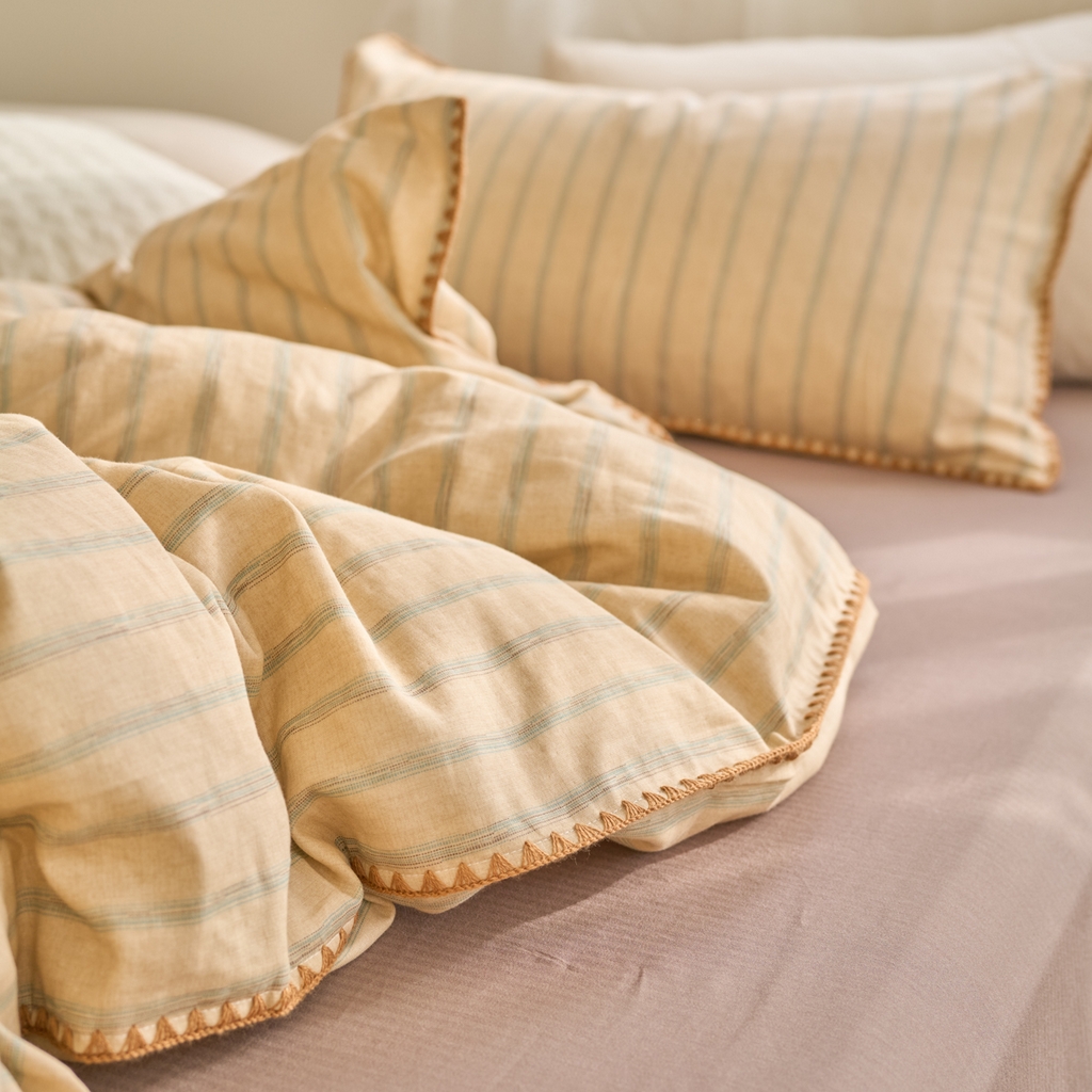 91家纺网 家纺一手货源 找家纺 洋铭区（原狠狠爱） 2025新款A类全棉双层纱四件套 优雅棕条