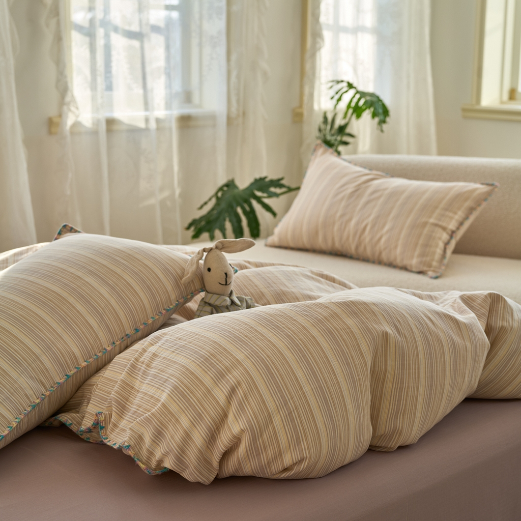 91家纺网 家纺一手货源 找家纺 洋铭区（原狠狠爱） 2025新款A类全棉双层纱四件套 香芋小条