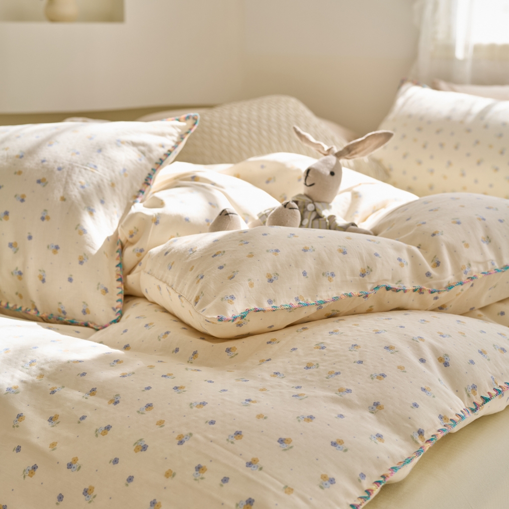 91家纺网 家纺一手货源 找家纺 洋铭区（原狠狠爱） 2025新款A类全棉双层纱四件套 铃兰花语