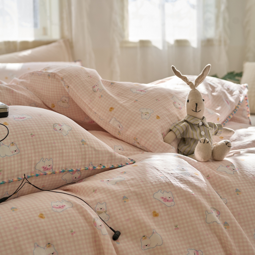 91家纺网 家纺一手货源 找家纺 洋铭区（原狠狠爱） 2025新款A类全棉双层纱四件套 乐乐粉兔