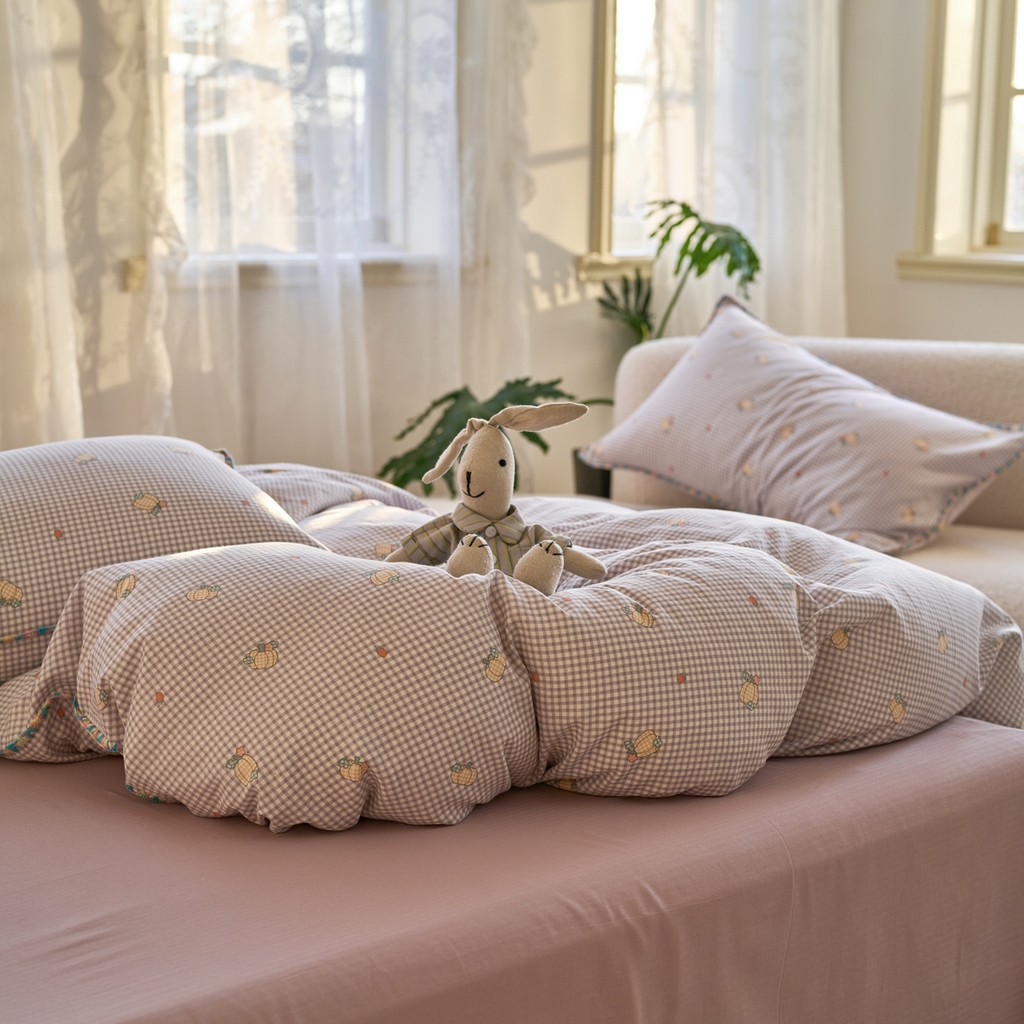 91家纺网 家纺一手货源 找家纺 洋铭区（原狠狠爱） 2025新款A类全棉双层纱四件套 紫格果香