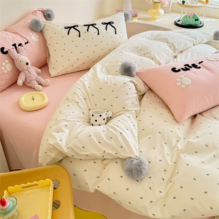 多品家纺 2025新款ins奶油风刺绣枕套毛球款水洗棉四件套 梦幻甜心