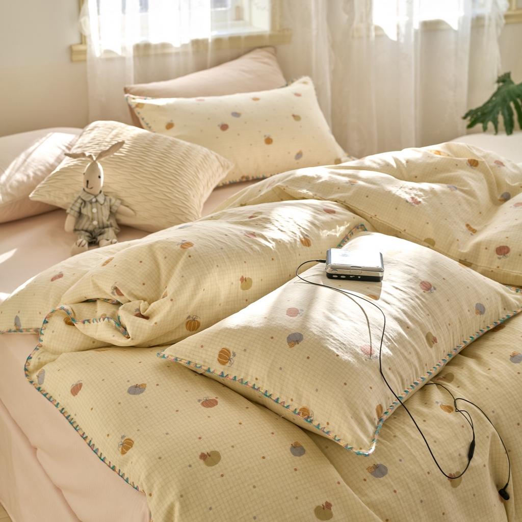 91家纺网 家纺一手货源 找家纺 洋铭区（原狠狠爱） 2025新款A类全棉双层纱四件套 点点南瓜