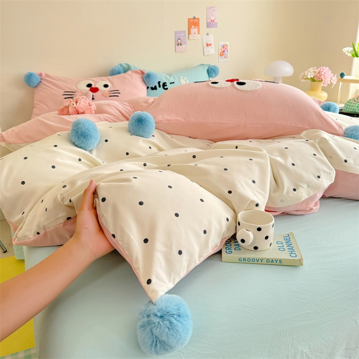 91家纺网 家纺一手货源 找家纺 多品家纺 2025新款ins奶油风刺绣枕套毛球款水洗棉四件套 洛熙