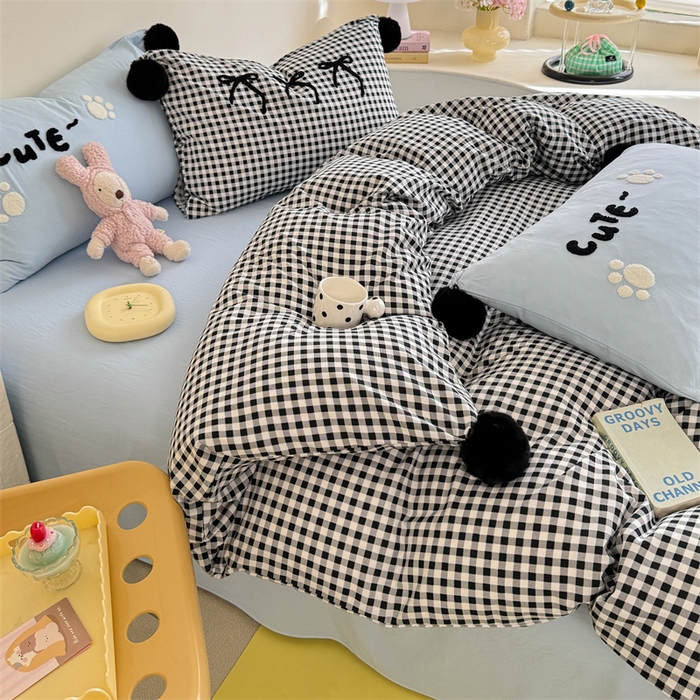 多品家纺 2025新款ins奶油风刺绣枕套毛球款水洗棉四件套 卿本佳人