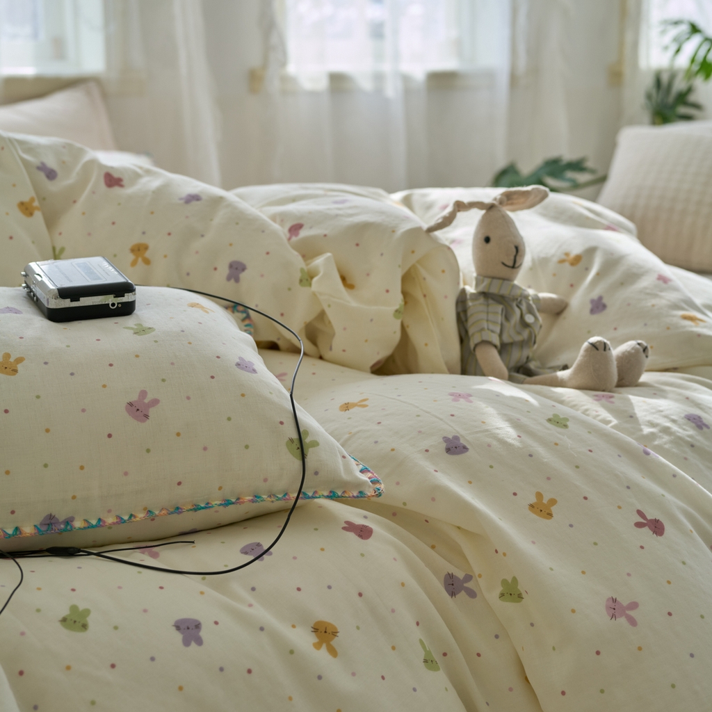 91家纺网 家纺一手货源 找家纺 洋铭区（原狠狠爱） 2025新款A类全棉双层纱四件套 开心兔