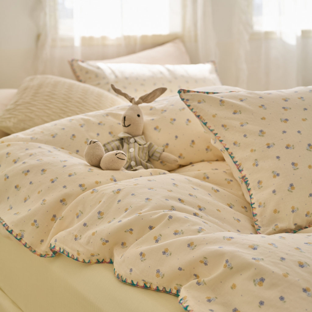 91家纺网 家纺一手货源 找家纺 洋铭区（原狠狠爱） 2025新款A类全棉双层纱四件套 铃兰花语