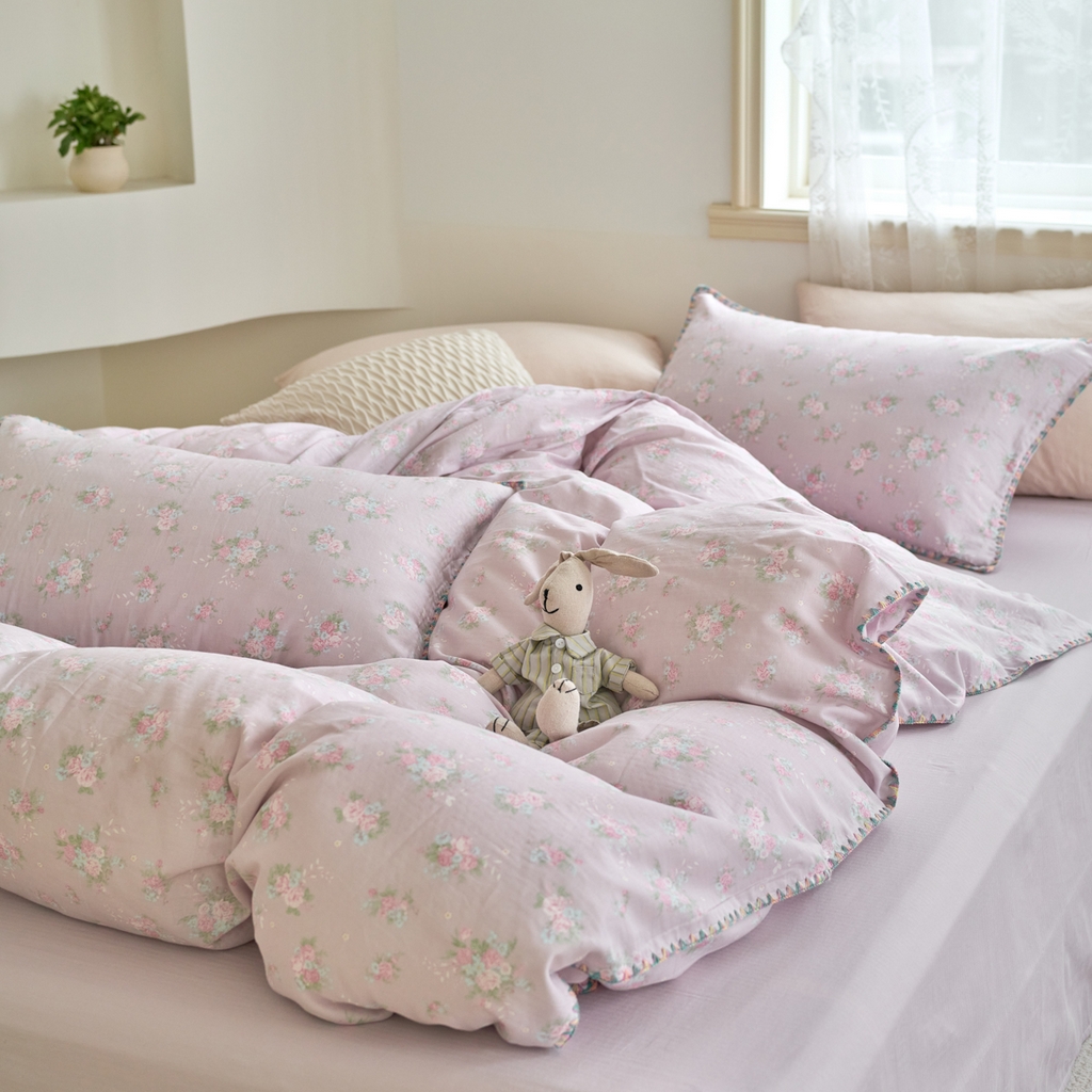 91家纺网 家纺一手货源 找家纺 洋铭区（原狠狠爱） 2025新款A类全棉双层纱四件套 萝兰紫花