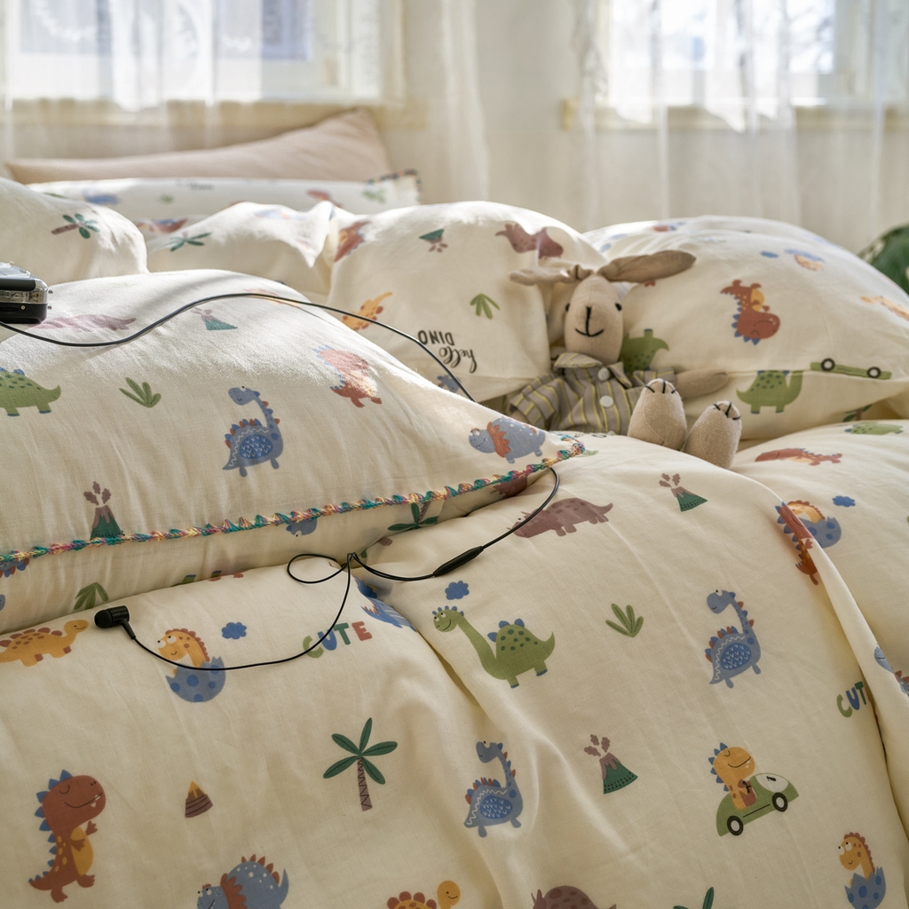 91家纺网 家纺一手货源 找家纺 洋铭区（原狠狠爱） 2025新款A类全棉双层纱四件套 小甲龙