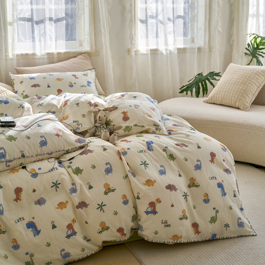 91家纺网 家纺一手货源 找家纺 洋铭区（原狠狠爱） 2025新款A类全棉双层纱四件套 小甲龙