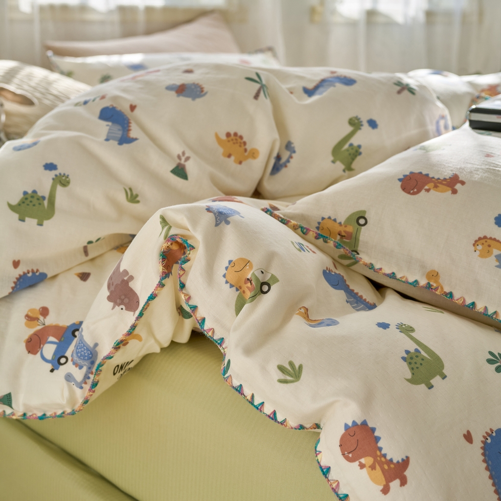 91家纺网 家纺一手货源 找家纺 洋铭区（原狠狠爱） 2025新款A类全棉双层纱四件套 小甲龙