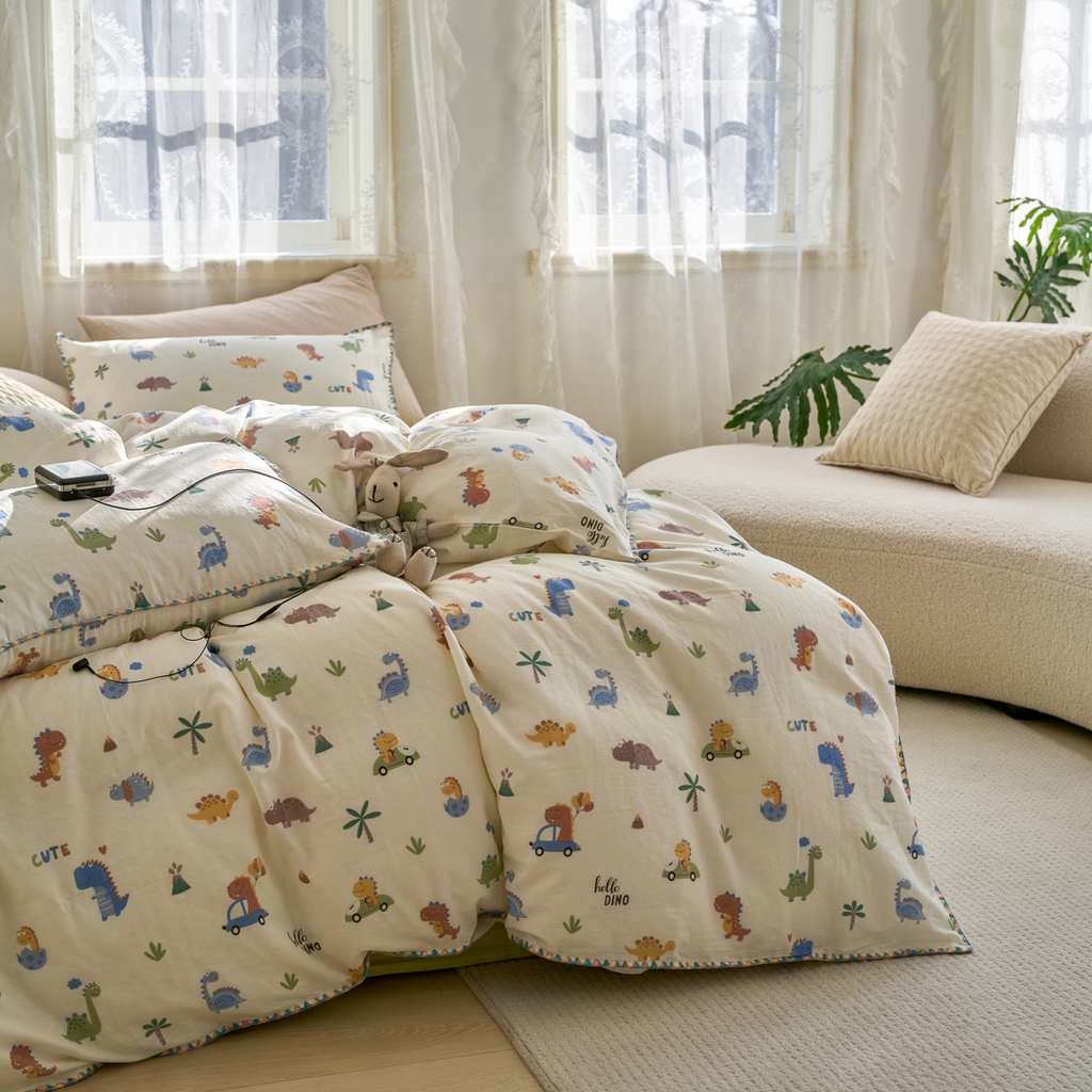 91家纺网 家纺一手货源 找家纺 洋铭区（原狠狠爱） 2025新款A类全棉双层纱四件套 小甲龙