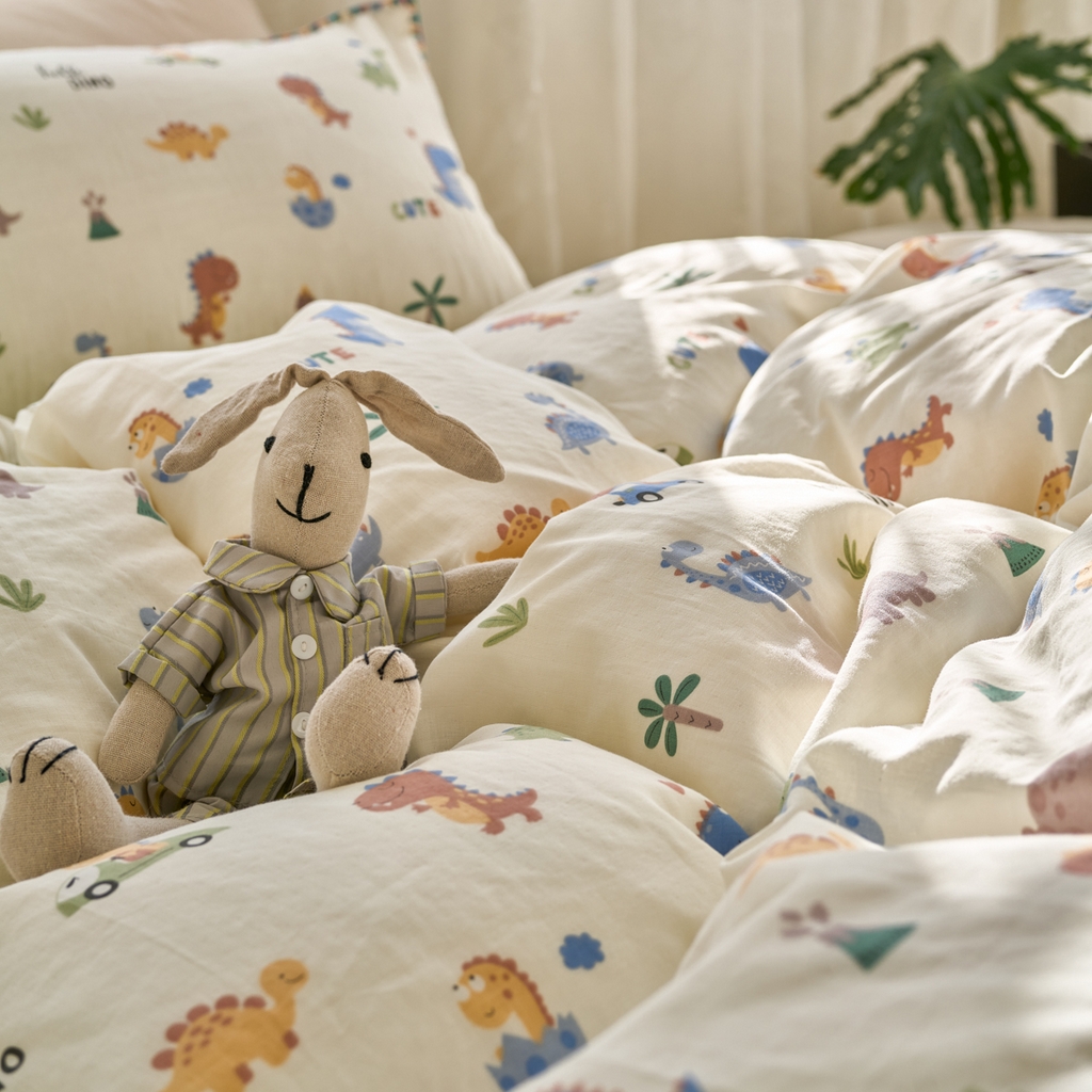 91家纺网 家纺一手货源 找家纺 洋铭区（原狠狠爱） 2025新款A类全棉双层纱四件套 小甲龙