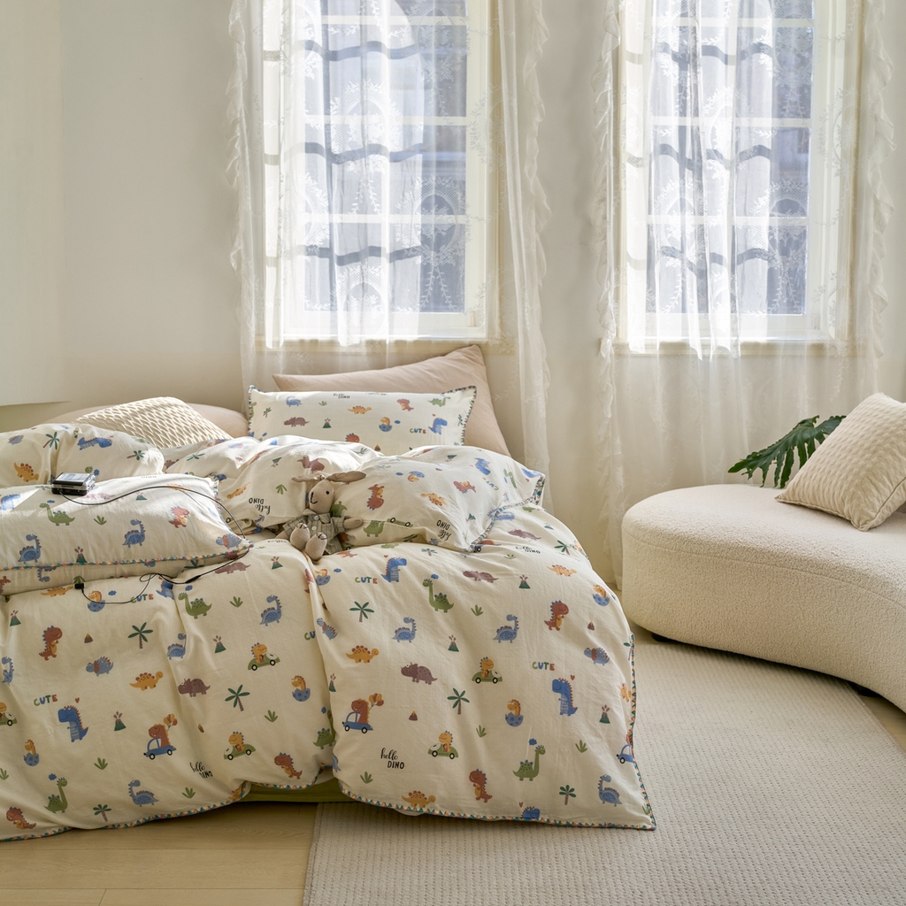 91家纺网 家纺一手货源 找家纺 洋铭区（原狠狠爱） 2025新款A类全棉双层纱四件套 小甲龙