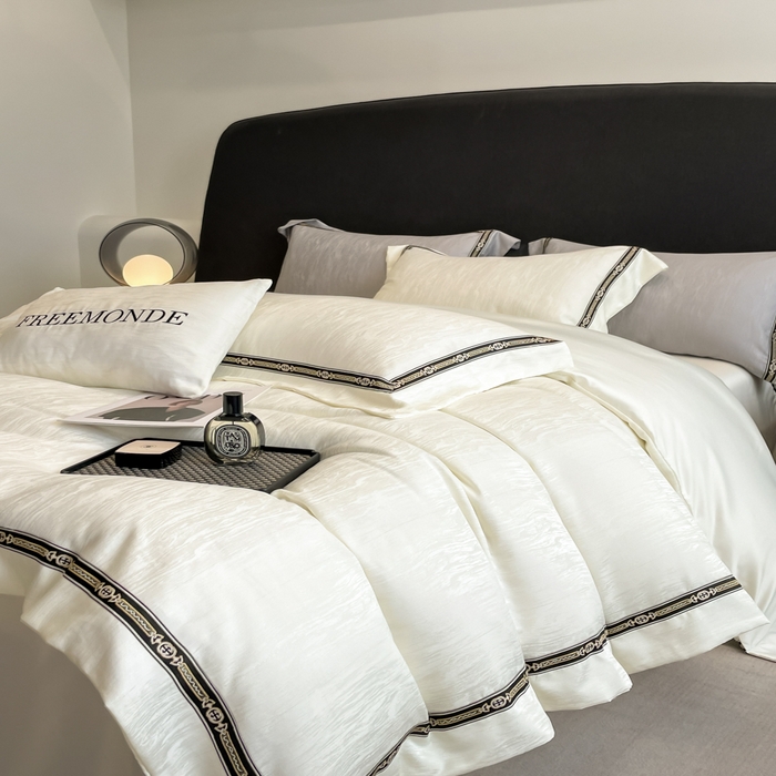 91家纺网 家纺一手货源 找家纺 帝王家纺 2025轻奢风双面水洗天丝提花刺绣四件套夏季冰丝床单被套 白桃