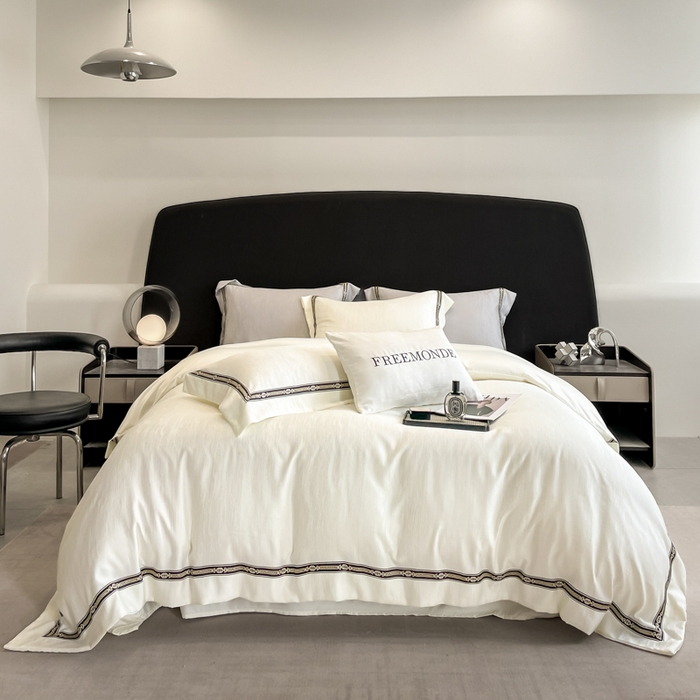 91家纺网 家纺一手货源 找家纺 帝王家纺 2025轻奢风双面水洗天丝提花刺绣四件套夏季冰丝床单被套 白桃