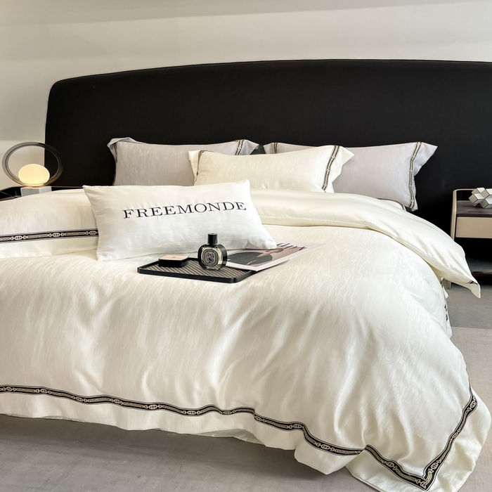 91家纺网 家纺一手货源 找家纺 帝王家纺 2025轻奢风双面水洗天丝提花刺绣四件套夏季冰丝床单被套 白桃