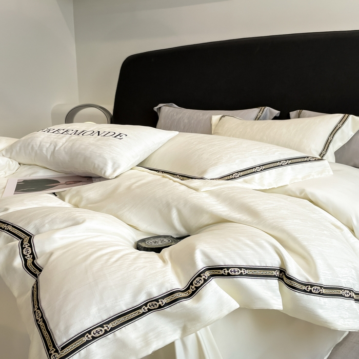 91家纺网 家纺一手货源 找家纺 帝王家纺 2025轻奢风双面水洗天丝提花刺绣四件套夏季冰丝床单被套 白桃