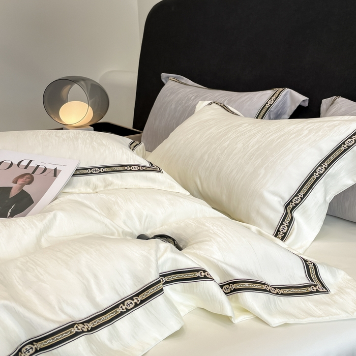 91家纺网 家纺一手货源 找家纺 帝王家纺 2025轻奢风双面水洗天丝提花刺绣四件套夏季冰丝床单被套 白桃