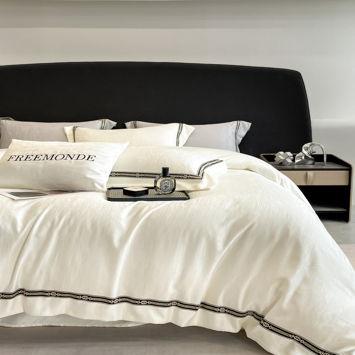 91家纺网 家纺一手货源 找家纺 帝王家纺 2025轻奢风双面水洗天丝提花刺绣四件套夏季冰丝床单被套 白桃