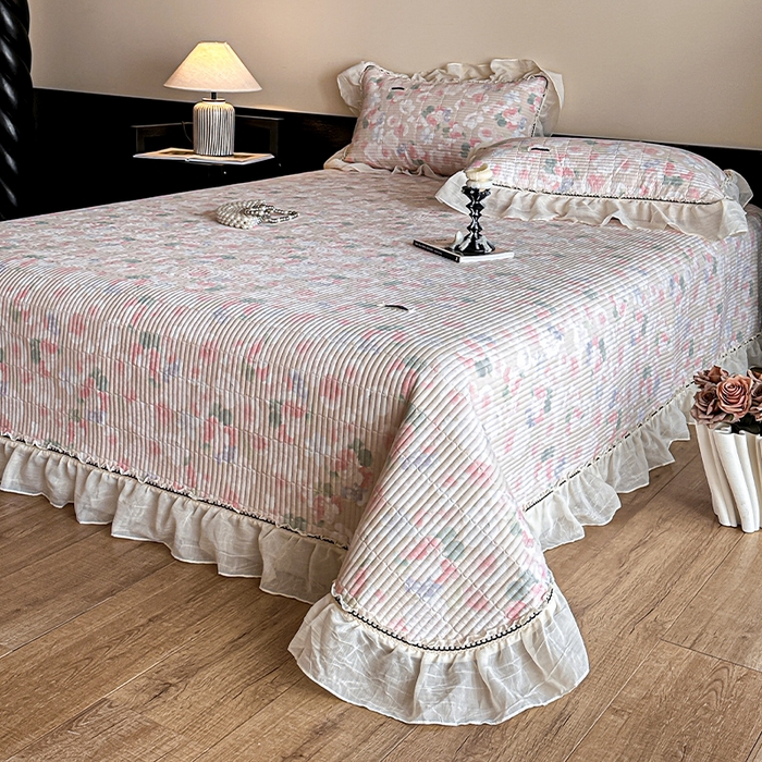 蓝邻家纺 2025春夏新款全棉纯棉双层纱织带款床盖-场景一 床盖-潮汐月影