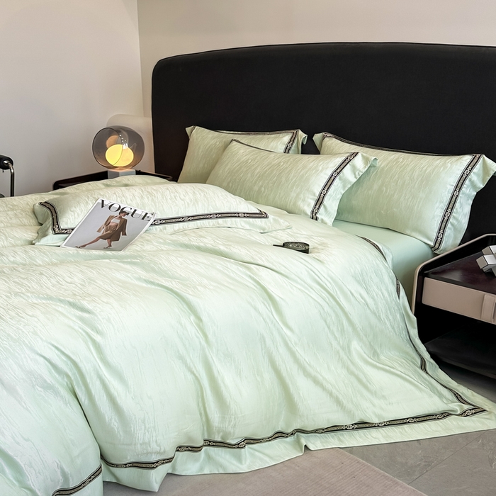 91家纺网 家纺一手货源 找家纺 帝王家纺 2025轻奢风双面水洗天丝提花刺绣四件套夏季冰丝床单被套 嫩绿