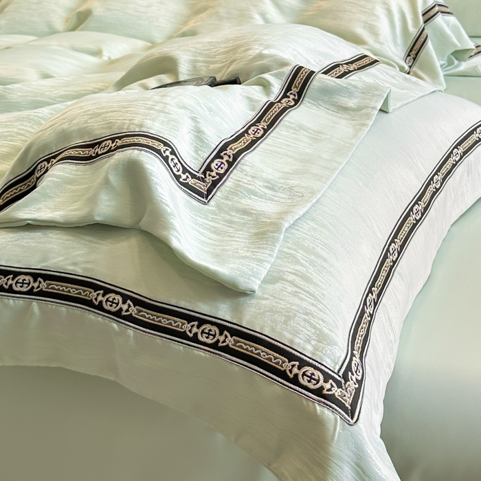 91家纺网 家纺一手货源 找家纺 帝王家纺 2025轻奢风双面水洗天丝提花刺绣四件套夏季冰丝床单被套 嫩绿