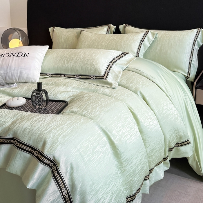 91家纺网 家纺一手货源 找家纺 帝王家纺 2025轻奢风双面水洗天丝提花刺绣四件套夏季冰丝床单被套 嫩绿