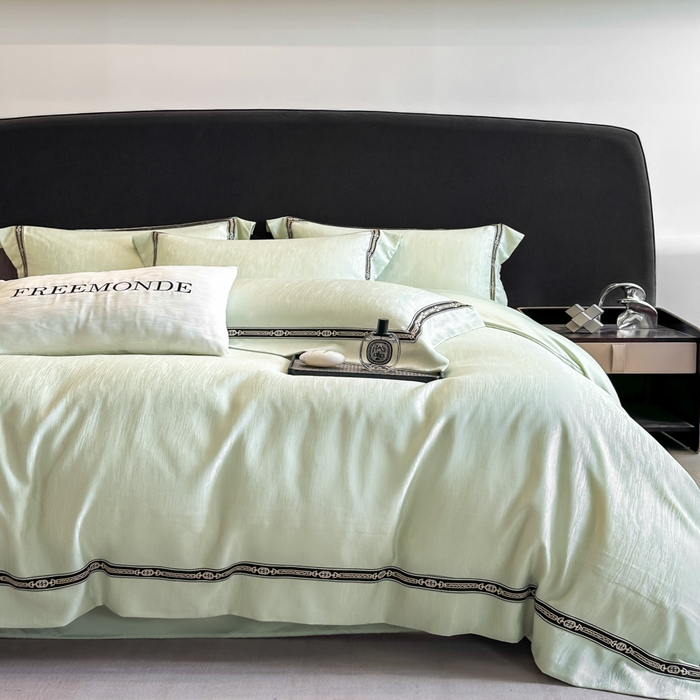 91家纺网 家纺一手货源 找家纺 帝王家纺 2025轻奢风双面水洗天丝提花刺绣四件套夏季冰丝床单被套 嫩绿