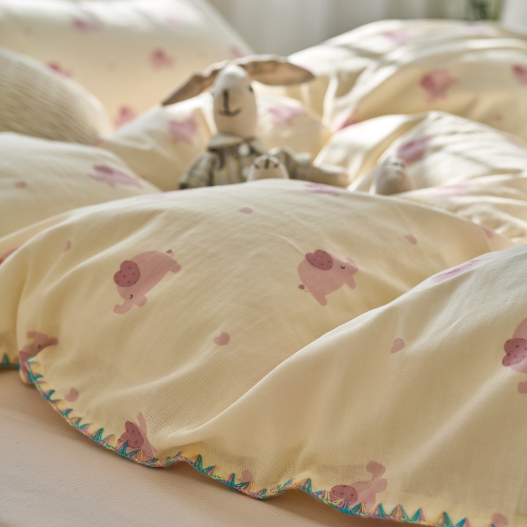 91家纺网 家纺一手货源 找家纺 洋铭区（原狠狠爱） 2025新款A类全棉双层纱四件套 粉嘟小象