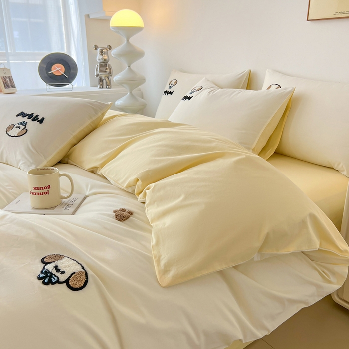 91家纺网 家纺一手货源 找家纺 小懒猪 2025新款全棉纯棉水洗棉毛巾绣四件套(提供买家秀） 萌宠白奶油